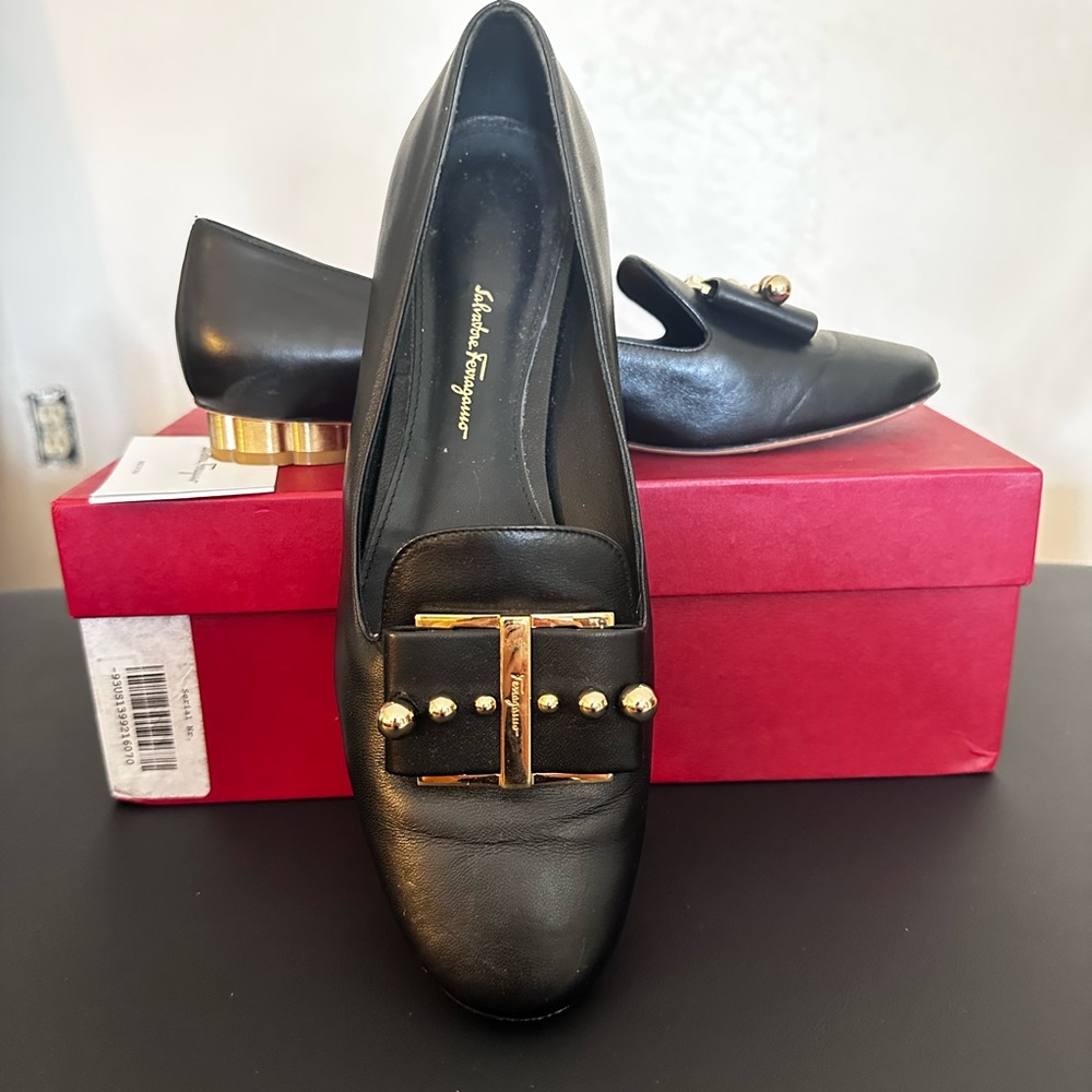 Salvatore Ferragamo Black Flats with Gold Accents